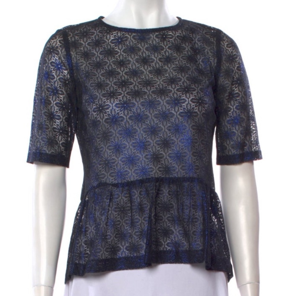 Sandro Elegant Lace Peplum Top - Black and Blue